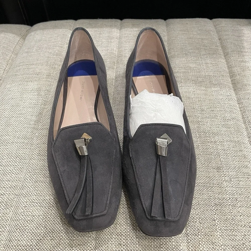 Stuart Weitzman 10M Women's Asphalt Grey Suede Slipknot Tassel Slip-On‎ Loafers